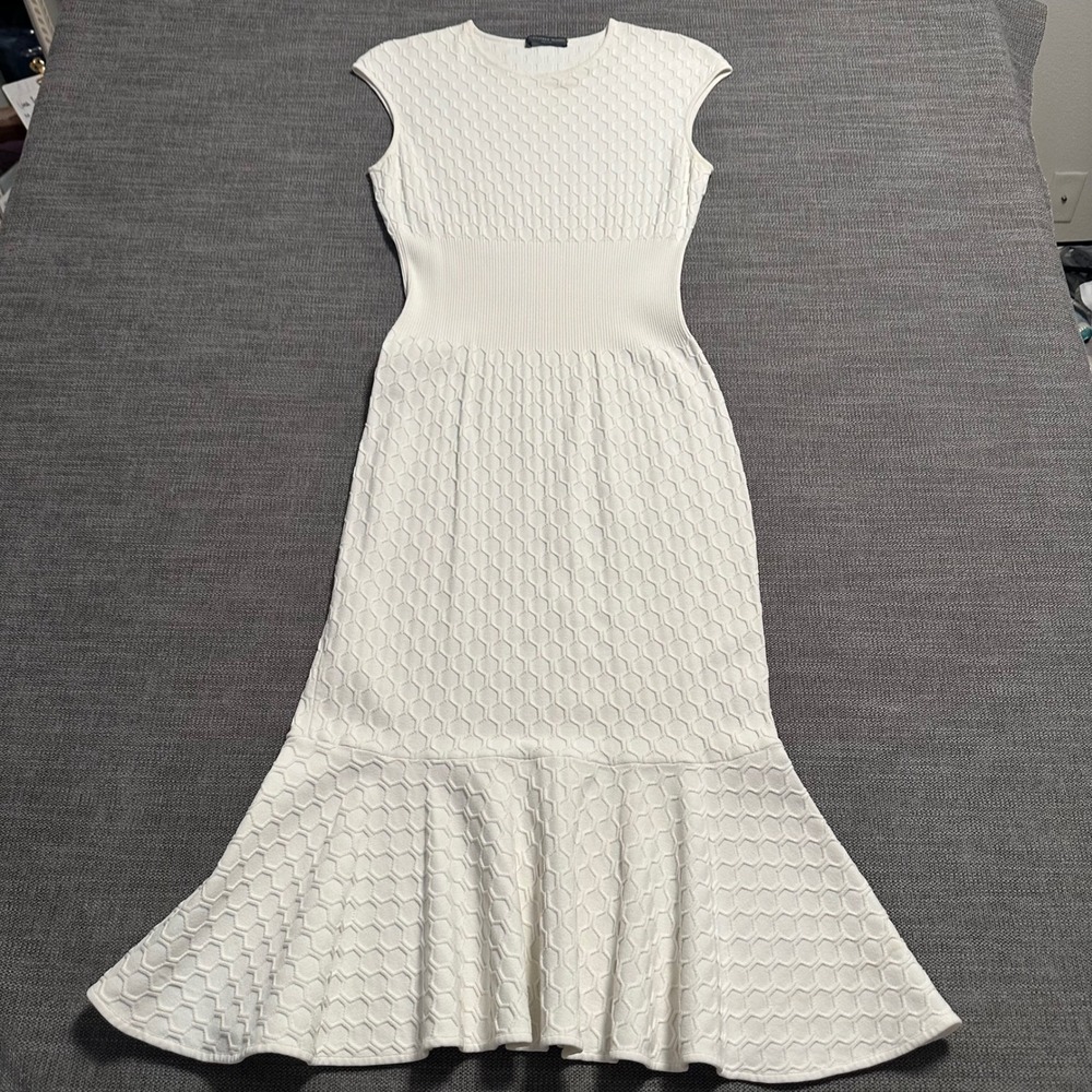 Alexander McQueen Knit Dress Womens L Cream Honeycomb Fit Flare Cap Sleeve